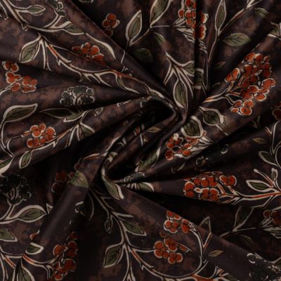 Tissu Velours ras d&#039;habillement digital fleurs Terracotta sur fond Marron chocolat - Par 10 cm