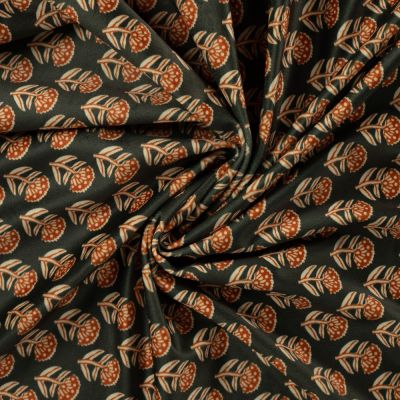 Tissu Velours ras d&#039;habillement digital petites fleurs Terracotta sur fond Vert sapin - Par 10 cm