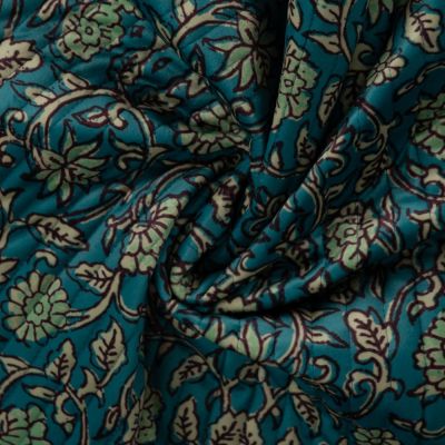 Tissu Velours ras Matelassé réversible fleuri effet Batik sur fond Bleu pétrole - Par 10 cm
