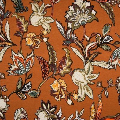 Tissu Jersey Viscose imprimé  Fleurs kaki et orange sur fond Brique - Par 10 cm