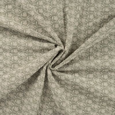 Tissu Gaze de Coton Fleurs brodées sur fond Vert kaki - Par 10 cm