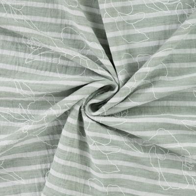 Tissu Aspect Lin rayures et fleurs sur fond Vert amande - Par 10 cm