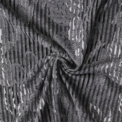 Tissu Jersey Jacquard rayé imprimé fleurs sur fond Gris anthracite chiné - Par 10 cm
