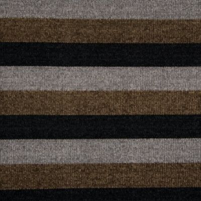 Tissu Maille Chenille  Rayures kaki et noires sur fond Gris - Par 10 cm