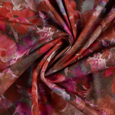 Tissu Suédine Scuba imprimé digital Fleuris fuschia sur fond Marron - Par 10 cm