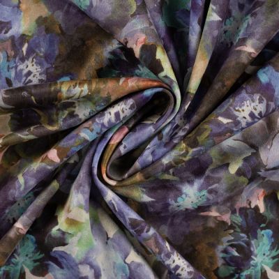 Tissu Suédine Scuba imprimé digital Fleuris violet sur fond Bleu denim - Par 10 cm