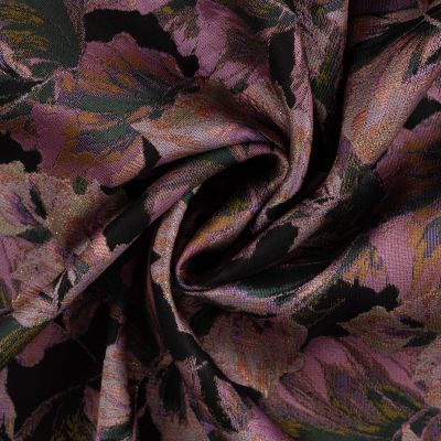 Tissu Jacquard Lurex Daisy feuillage Vieux Rose sur fond Noir - Par 10 cm