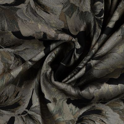 Tissu Jacquard Lurex Daisy feuillage Kaki et Taupe sur fond Noir - Par 10 cm