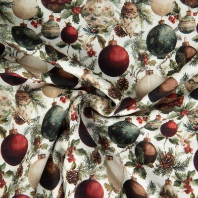 Tissu Popeline de Coton digital imprimé boules de Noël Rouge sur fond Blanc cassé - Par 10 cm
