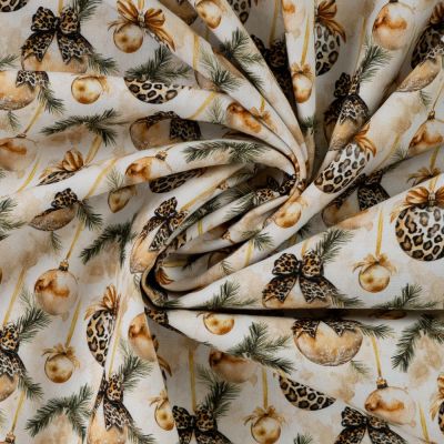 Tissu Popeline de Coton digital imprimé boules de Noël Or sur fond Blanc cassé - Par 10 cm
