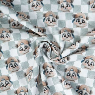 Tissu Popeline de Coton digital imprimé Panda casquette damier Gris sur fond Blanc - Par 10 cm