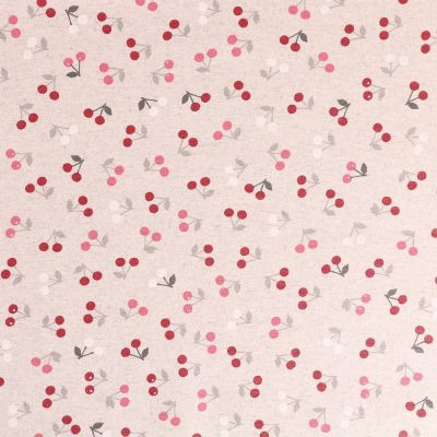 Tissu Enduit Anti Tâches Cerises Rouge et rose sur fond Beige - Par 10 cm