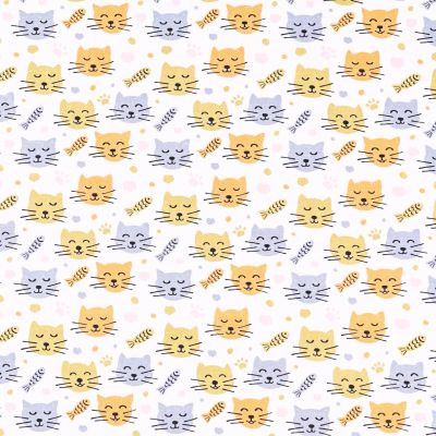 Tissu Coton Imprimé Arty Chats et poissons verts, gris et orange sur fond Blanc - Par 10 cm