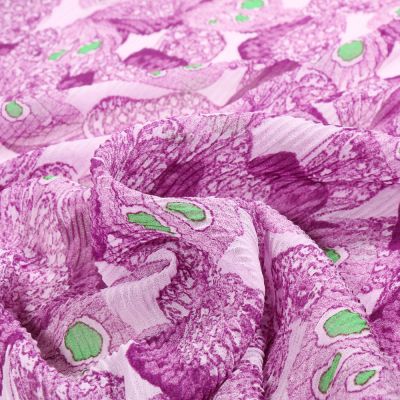 Tissu Mousseline plissé Papillons violets sur fond Blanc - Par 10 cm