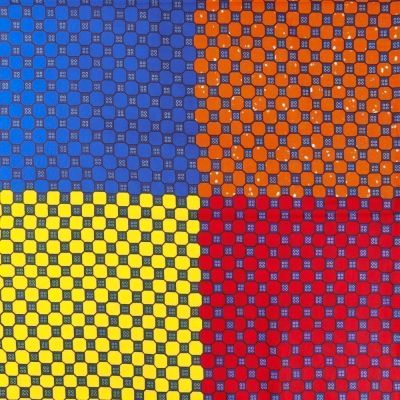 Tissu Wax Africain N°349 Carrés Multicolores sur fond Bleu marine - Par 10 cm