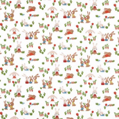 Coupon Tissu Coton imprimé Lapin Bunnie sur fond Blanc - Coupon de 50 cm