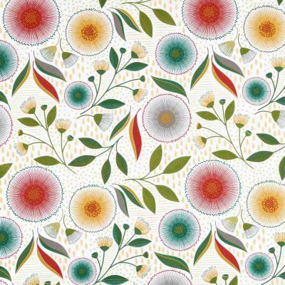 Tissu Coton Cretonne  Helena fleurs stylisées Multicolores sur fond Blanc cassé - Par 10 cm