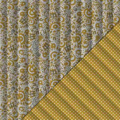 Tissu Matelassé réversible Léna fleurs vintage et pois Moutarde - Par 10 cm
