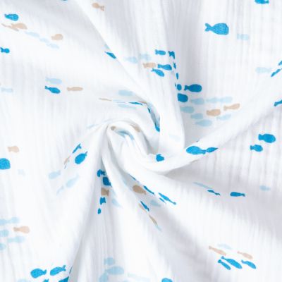 Tissu Double gaze de Coton Noa petits poissons Bleu sur fond Blanc - Par 10 cm