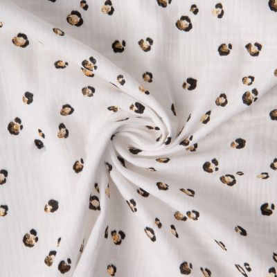 Tissu Double gaze de Coton imprimé léopard brillant sur fond Blanc - Par 10 cm