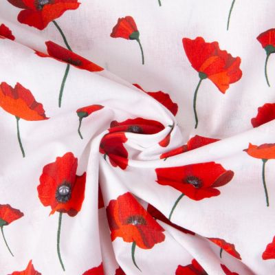 Tissu Coton imprimé Coquelicots rouges sur fond Blanc - Par 10 cm