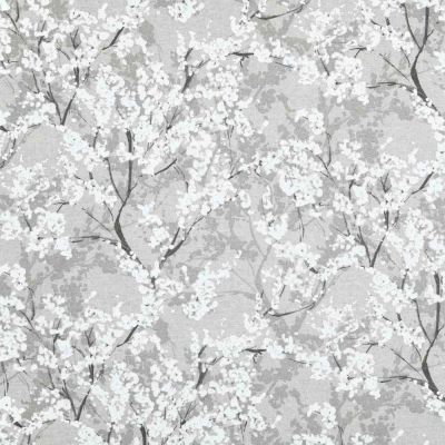 Tissu Toile Savoie enduit fleurs Yoshino sur fond Gris clair - Par 10 cm