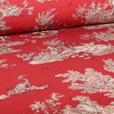 Tissu Toile de Jouy Grande largeur Au fil du temps sur fond Rouge - Par 10 cm