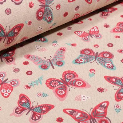 Tissu Toile Coton Papillons roses et turquoises sur fond Naturel - Par 10 cm