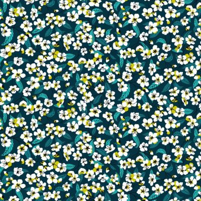 Coupon Tissu Coton imprimé Arty Miyu sur fond Bleu pétrole - Par coupon de 3 mètres