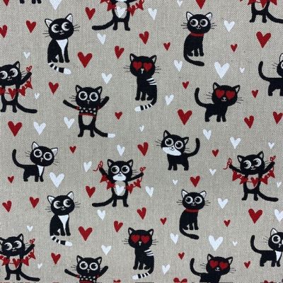 Coupon Tissu Toile de Coton Chat Love sur fond Naturel - Coupon de 50 cm