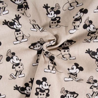 Tissu Toile de Coton aspect lin Mickey sur fond Beige - Par 10 cm