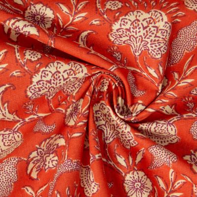 Tissu Coton imprimé Arty Agra fleuris sur fond Orange - Par 10 cm