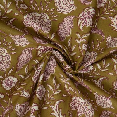 Tissu Coton imprimé Arty Agra fleuris sur fond Vert kaki - Par 10 cm