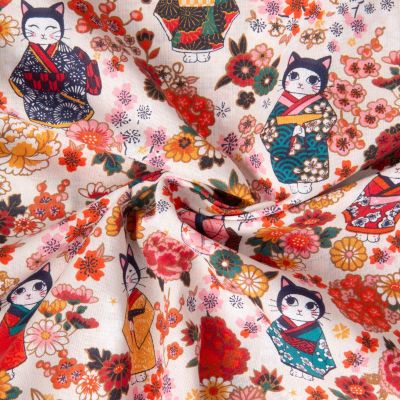 Tissu Coton imprimé Arty Kimono floral sur fond Ecru - Par 10 cm