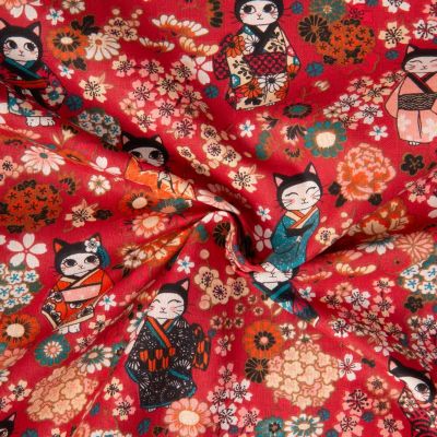 Tissu Coton imprimé Arty Kimono floral sur fond Rouge - Par 10 cm