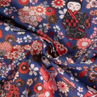 Tissu Coton imprimé Arty Kimono floral sur fond Bleu marine - Par 10 cm