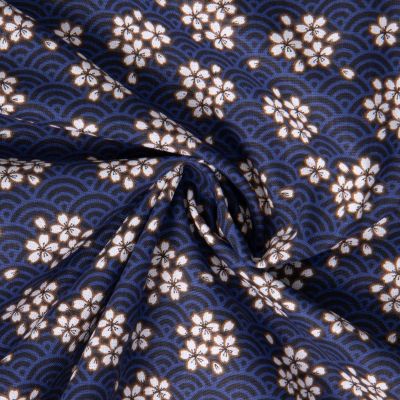 Tissu Coton imprimé Arty Washi éventail fleuris sur fond Bleu nuit - Par 10 cm