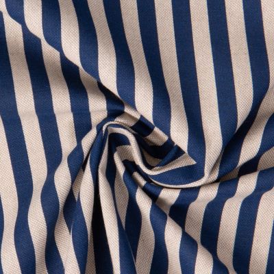 Tissu Toile Polycoton aspect Lin Rayé bleu marine sur fond Naturel - Par 10 cm
