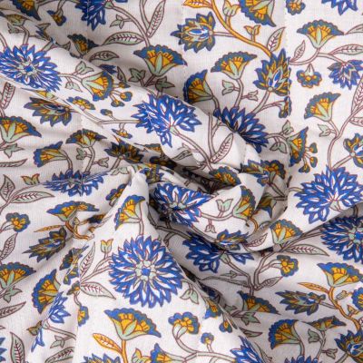Tissu Coton Matelassé réversible Santal fleuris sur fond Blanc - Par 10 cm