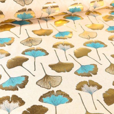 Tissu Toile Coton Feuilles Gingko dorés et bleues sur fond Naturel - Par 10 cm