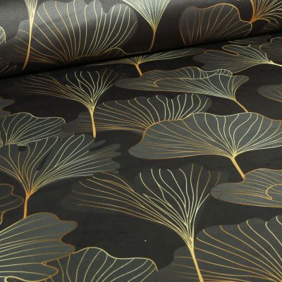 Coupon Tissus Velours ras épais tout doux Gingko Tiffany or sur fond Noir - Coupon de 60 cm