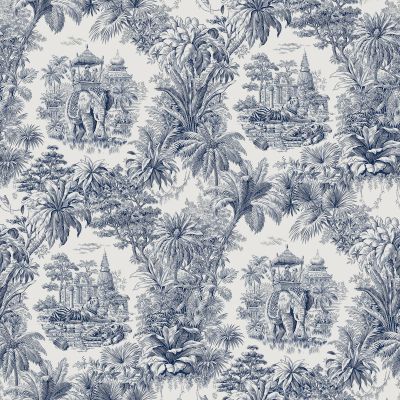Tissu Coton Lin Jouy Maharani Marine sur fond Lin Naturel - Par 10 cm