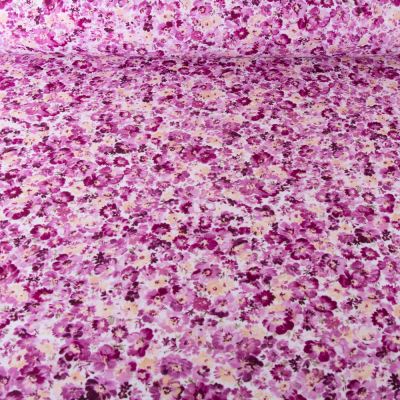 Tissu Viscose Sanfor Christy fleuris violine sur fond Blanc - Par 10 cm