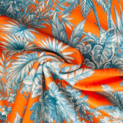 Tissu Velours ras d&#039;ameublement imprimé Samarcande Bleu sur fond Orange - Par 10 cm