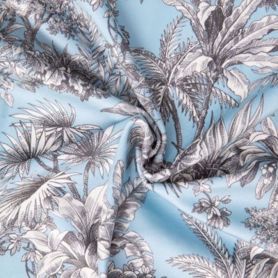 Tissu Velours ras d&#039;ameublement imprimé Samarcande Gris sur fond Bleu ciel - Par 10 cm