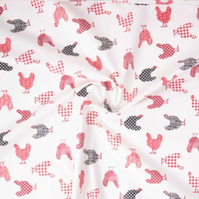 Tissu Coton Enduit Mini Poulettes rouges sur fond Naturel - Par 10 cm