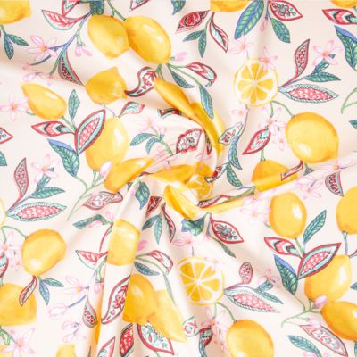 Coupon Tissu Coton Enduit Citronnier jaune sur fond Ecru - Coupon de 3 mètres