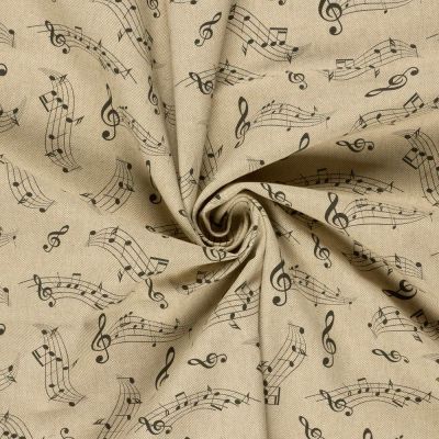 Tissu Toile de Coton recyclé aspect Lin digital en musique sur fond Beige - Par 10 cm