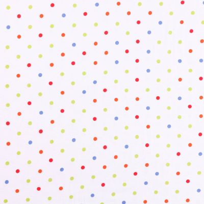 Tissu Jersey Viscose  Pois Orange, rouges, Bleus et verts sur fond Blanc - Par 10 cm