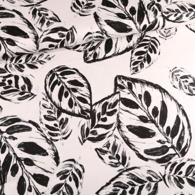 Tissu Coton Satiné extensible Feuilles encre sur fond Blanc - Par 10 cm
